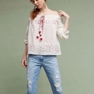 Anthropologie Harlyn Farina Embroidered White Peasant Boho Blouse Top Sz MEDIUM